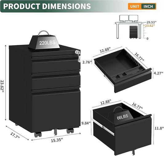 3 Drawer File Cabinet with Lock,Under Desk Filing Cabinet for Home Office Storage Letter/Legal/A4,Mobile Steel Cabinets with Wheels,Fully Assembled,Black