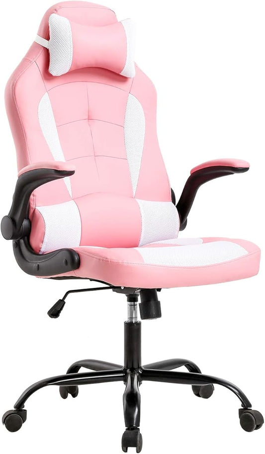 BestOffice Gaming Chair Office Chair Desk Chair with Lumbar Support Flip Up Arms Headrest Swivel Rolling Adjustable PU Leather Racing Computer Chair for Girls,Pink