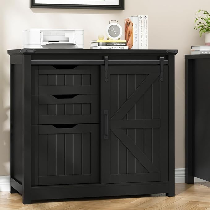 Halitaa Lateral File Cabinets with Adjustable Shelf, Farmhouse Filing Cabinet with Lock for Home Office, Filing Organization Storage Cabinets with Sliding Barn Door for Hanging Files Letter/A4,Black