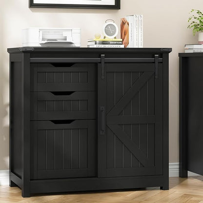 Vabches Lateral File Cabinets with Adjustable Shelf, Farmhouse Filing Cabinet for Home Office, Filing Organization Storage Cabinets with Sliding Barn Door for Hanging Files Letter/A4,Black