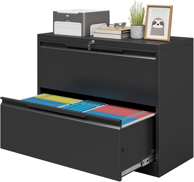 2 Drawer Lateral Metal File Cabinet, Home Office Storage Filing Cabinet with Hanging Bars & Keys, Compatible with Legal Letter A4 F4 Size Hanging Folders,Black,Require Assembly