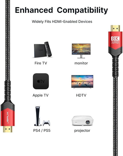 JSAUX 8K HDMI Cable 2.1, 48Gbps Ultra High Speed HDMI Cable Braided Cord (4K@144Hz, 4K@120Hz, 8K@60Hz) HDCP 2.2&2.3 HDR 10 eARC ARC, Compatible with Switch 2/PS5/Laptop/Monitor/HDTV/-Red,10ft