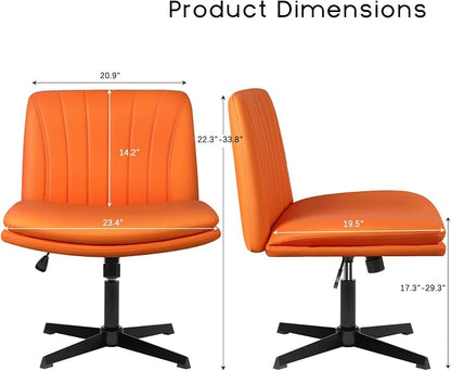 PUKAMI Criss Cross Chair,Comfy Cross Legged Office Desk Chair No Wheels,Modern Fabric Swivel Adjustable Height Mid Back Wide Seat for Home Office Computer (Pu Hermes Orange)