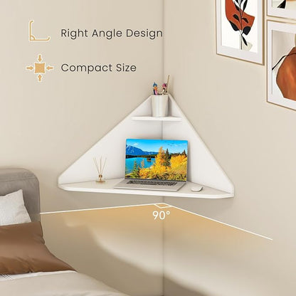 Giantex Corner Floating Desk, Wall Mounted Computer Desk with Storage Shelf, Space-Saving Writing Desk, Triangle Laptop Desk for Living Room, Study, Bedroom, Home Office & Small Spaces (White)