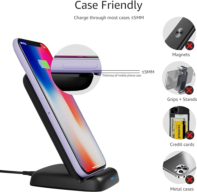 Amazon Basics Wireless Phone Charger Stand, 10W Qi Certified with USB Cable, Compatible with iPhone 16/15/14/13/12/11/X, Samsung & More, with USB Cable, Black (No AC Adapter)