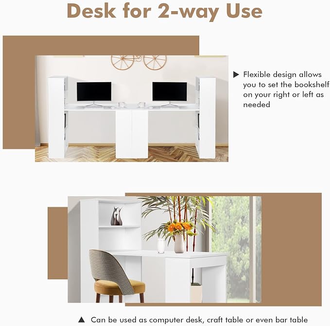 COSTWAY White Computer Desk with Shelves, 48” Study Writing Desk with 6-Tier Storage Shelves, Reversible Study Workstation w/Wide Base for Home, Office & Dorm, Easy Assembly