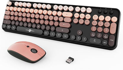 Wireless Keyboard and Mouse Combo, Retro Typewriter Style Keyboard with Round Keys, 2.4G Wireless Cute Keyboard and Mouse Set for PC, Laptop and Desktop-Black and Rose Gold