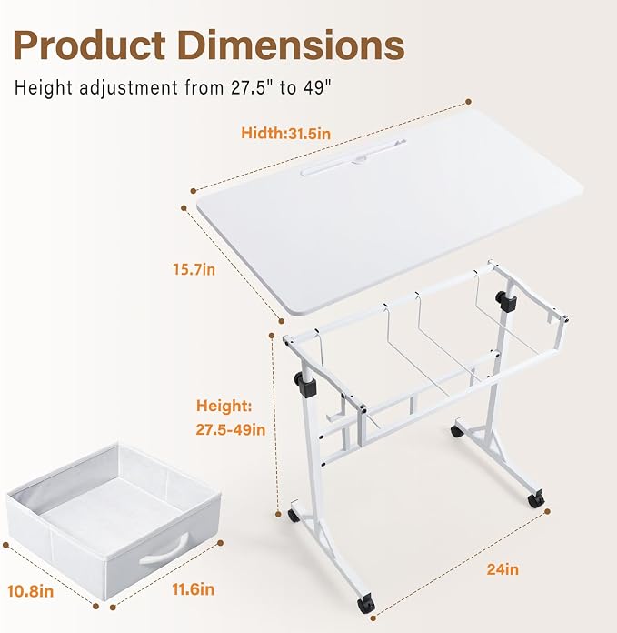 Small Standing Desk for Walking Pad with Drawers, 27.6"-49.2" Adjustable Folding Standing Desk, 32in Portable Standing Desk on Wheels, Rolling Desk for Home/Classroom/Office, White