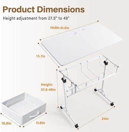 Small Standing Desk for Walking Pad with Drawers, 27.6"-49.2" Adjustable Folding Standing Desk, 32in Portable Standing Desk on Wheels, Rolling Desk for Home/Classroom/Office, White