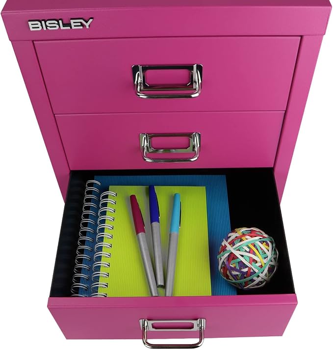 Bisley 3-Drawer Steel MultiDrawer Cabinet - Fuchsia | Chrome Pull Handles with Label Holders, Powder-Coated Steel, Removable Drawers, Desktop Storage, Labels Included