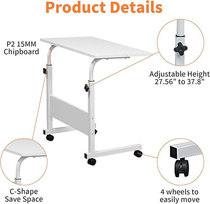 Karl home Mobile Side Table 31.5 inch Computer Desk with Wheels Height Adjustable Rolling Potable Laptop Cart, C-Shaped Bed Couch Sofa End Tables with Edge Stopper for Livingroom Bedroom, White