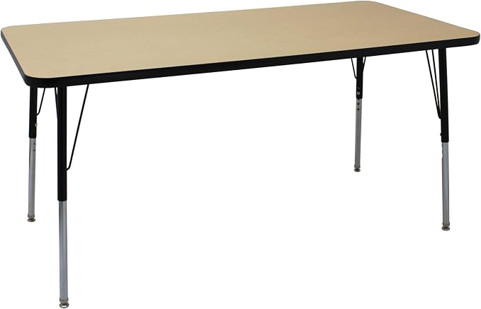 FDP Rectangle Activity School and Office Table (30 x 60 inch), Standard Legs with Swivel Glides, Adjustable Height 19-30 inches; Quick Ship Single Box - Maple Top and Black Edge