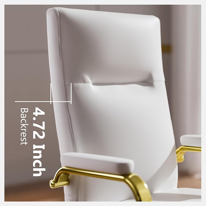 GXJ White and Gold Office Chair with Memory Foam Seat, Computer Desk Chair | 4.9'' Memory Foam Seat and 4.7'' Comfortable Backrest, High Back Leather Executive Chair with Wheels and Arms for Women