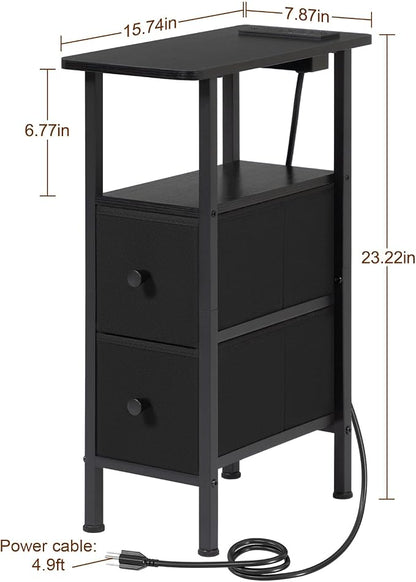 LOAKEKEL Narrow Nightstand with Charging Station, End Tables Living Room Set of 2, Skinny Side Table with Fabric Drawers, Slim Sofa Table for Bedroom, Small Spaces, Couch, Black, HETNDP02BK