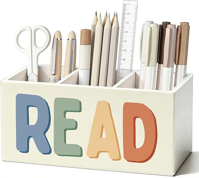Reading Room Corner Decor Kids Pen Pencil Holder for Desk, Book Lover Reader Gifts, Boho READ Bookish Wooden Box Sign Decorations for Reading Room Nook Home Library Classroom Desk Tabletop