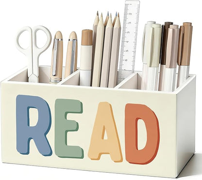 Reading Room Corner Decor Kids Pen Pencil Holder for Desk, Book Lover Reader Gifts, Boho READ Bookish Wooden Box Sign Decorations for Reading Room Nook Home Library Classroom Desk Tabletop