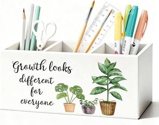 Mental Health Inspirational Pen Holder, Motivational Pencil Holder, Growth Looks Different for Everyone Wooden Box Sign Decorations for Therapy Counselor Office Classroom Desk Tabletop