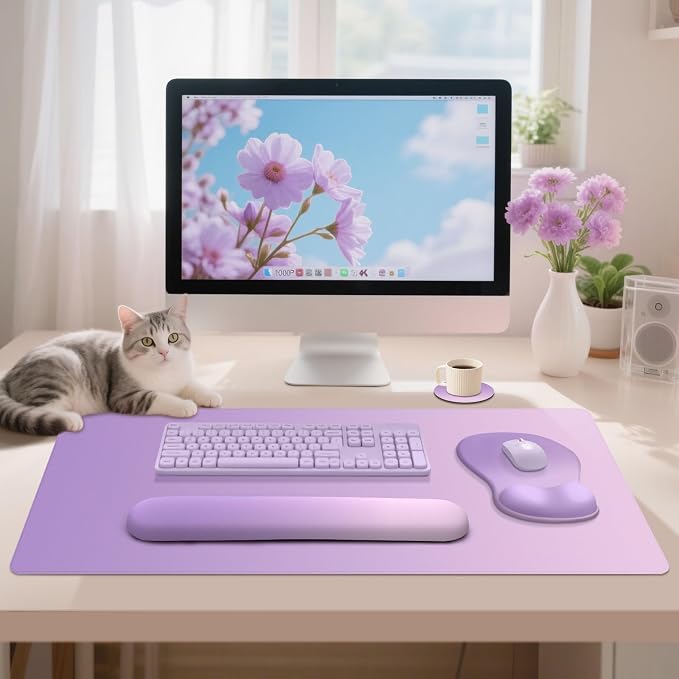 4-in-1 Large Gaming Mouse Pad, Keyboard Wrist Rest Pad & Wrist Support Mousepad Set, Extended Desk Pad Waterproof Desk Mat for Home Office Decor Study Game 35.4×15.7 Inches I Purple Pink Lavender