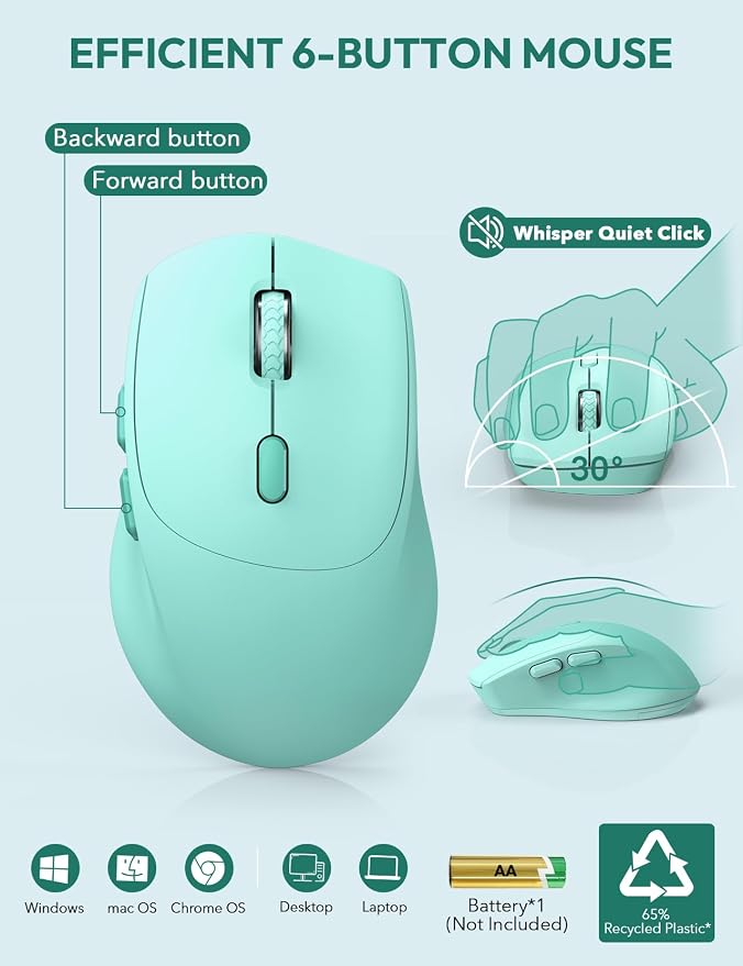 SABLUTE Wireless Keyboard and Mouse, Wrist Rest, Phone Holder, Battery Powered, 2.4G Lag-Free Ergonomic Keyboards Mouse Combo, KM23D Silent Keyboards Set for PC, Laptop, PC, Windows, Mint Green