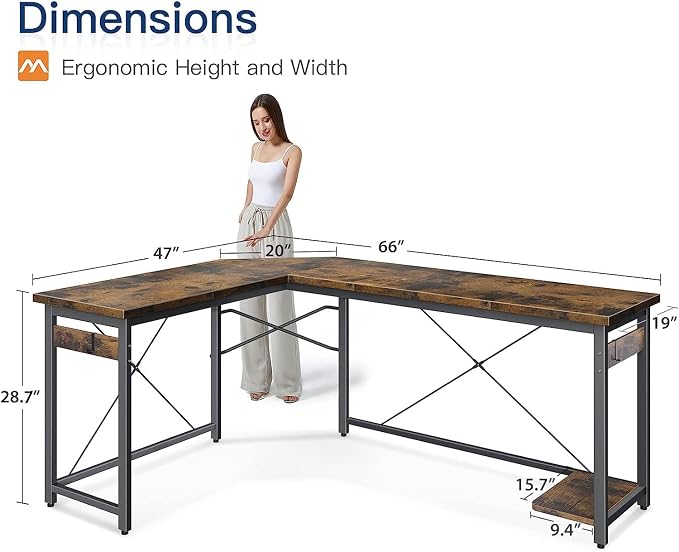 Coleshome 66" L Shaped Larger Gaming Desk, Corner Computer Desk, Sturdy Home Office Computer Table, Writing Workstation, Vintage