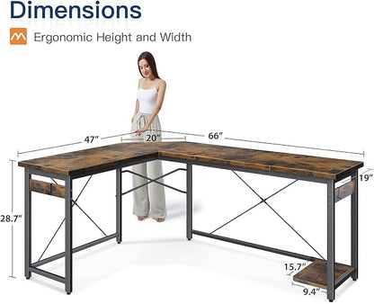 Coleshome 66" L Shaped Larger Gaming Desk, Corner Computer Desk, Sturdy Home Office Computer Table, Writing Workstation, Vintage