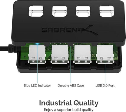 SABRENT 4 Port USB 3.0 Hub with Individual LED Lit Power Switches, Includes 5V/2.5A Power Adapter (HB-UMP3)
