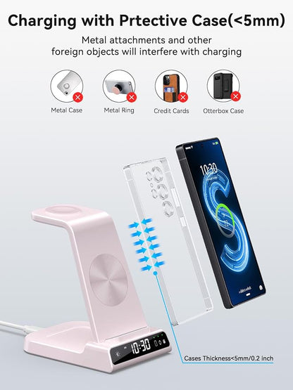 Wireless Charger for Samsung Charging Station with Clock for Samsung Galaxy S25 Ultra/S24 Ultra/Z Flip 7/Z Fold 6/Galaxy Bud, 3 in 1 Charger Station Watch Charger for Galaxy Watch 8/7/6/5Pro(Pink)