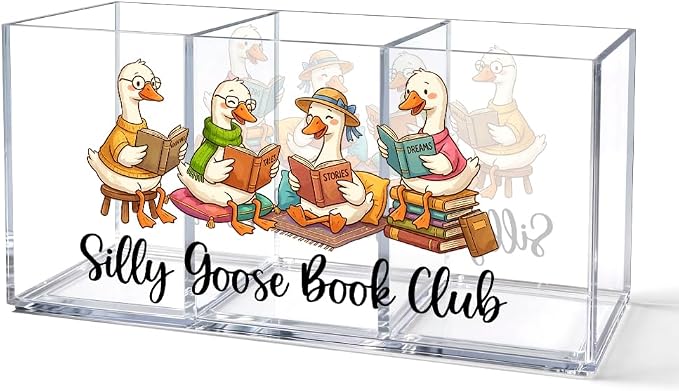 Funny Silly Goose Acrylic Pen Holder, Reading 3 Compartment Desk Organizer, Book Lover Gifts for Teachers, Women, Librarians, Office Supplie Organizer for Coworker, Book Day Gifts for Booklish
