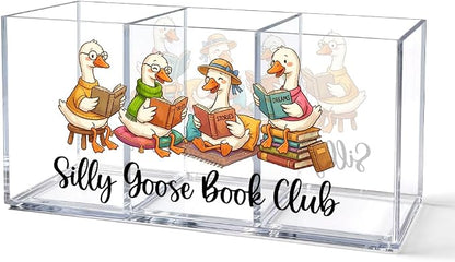 Funny Silly Goose Acrylic Pen Holder, Reading 3 Compartment Desk Organizer, Book Lover Gifts for Teachers, Women, Librarians, Office Supplie Organizer for Coworker, Book Day Gifts for Booklish