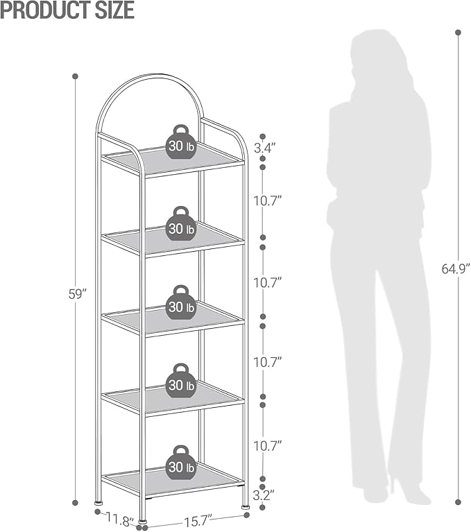 Hzuaneri Bookcase Bookshelf, Tempered Glass Bookshelves, Slim Shelving Unit for Bedroom, Bathroom, Home Office, Steel Frame, 5 Tier Gold BC05001G