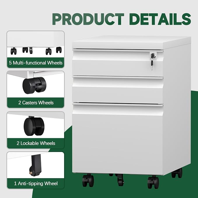 3 Drawer File Cabinet, Metal Printer Stand with Roling Caster, Under Desk Storage for Home Office, File Cabinet with Lock, No Assembly Required, White
