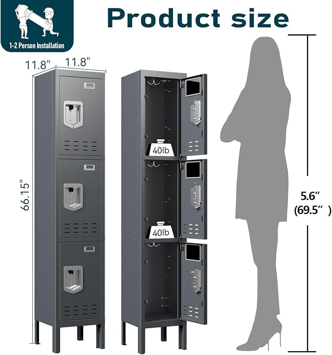 BUTISOW Metal Lockers - 66" Height Steel Lockers for Employees with 3 Door Storage Locker with Card Slot for Employees Gym School Home Office Garage - Assembly Required