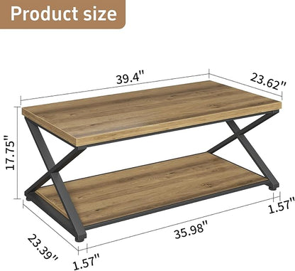 Coffee Table with Storage, 2 Tier Farmhouse Center Table, Rectangle Cocktail Tea Table for Living Room Bedroom, Rustic Brown,39Inch