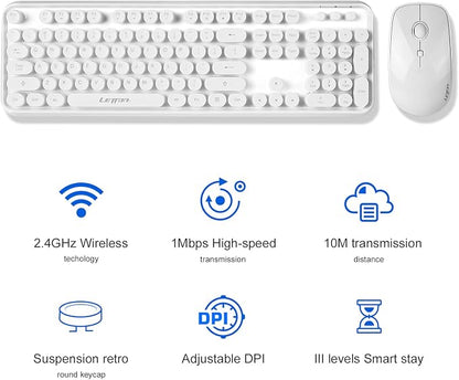 White Wireless Keyboard and Mouse Combo, Cute Bubble Keyboard with Round Keys,2.4Ghz Full Szie Aesthetic Minimalist Keyboard with Number Pad for PC Laptop Desktop