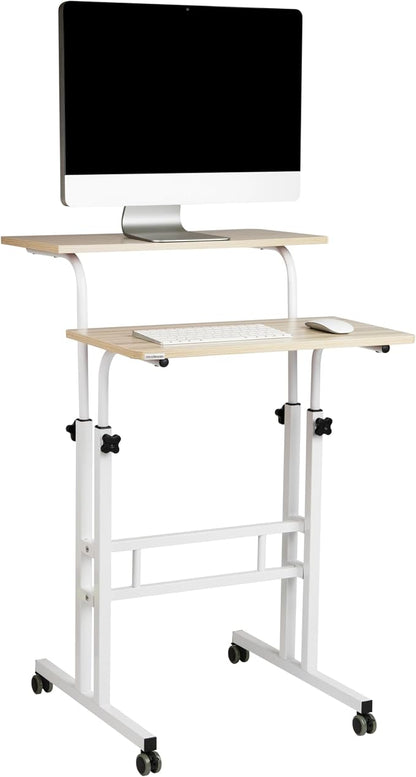 Mind Reader Standing Desk, Adjustable Height Laptop Workstation, Portable Rolling Desk on Wheels, Two-Tier Metal Frame, White