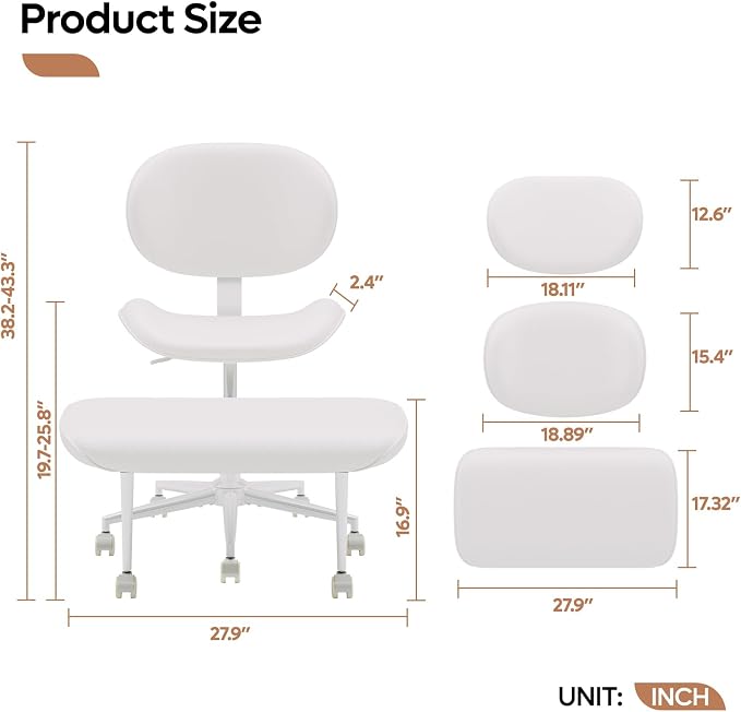 Pinmoco Upgraded Cross Legged Office Chair with Wheels, ADHD Chair for Adults, Wider Height Adjustable Backrest and Seat, Meditation Chair, Ergonomic & Yoga Office Chair, PU Leather, Beige, White