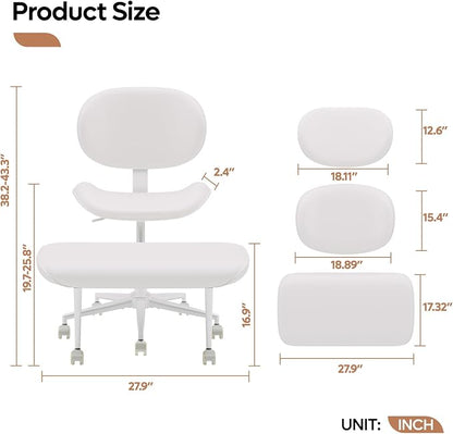 Pinmoco Upgraded Cross Legged Office Chair with Wheels, ADHD Chair for Adults, Wider Height Adjustable Backrest and Seat, Meditation Chair, Ergonomic & Yoga Office Chair, PU Leather, Beige, White
