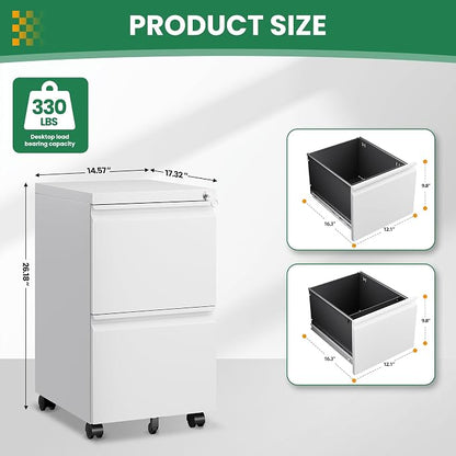 2 Drawer File Cabinet with Lock, Small Rolling Filing Cabinet for Home Office, Printer Stand, 2 Drawer Under Desk Filing Cabinet with Wheels for Legal/Letter/A4 (Fully Assembled,White)