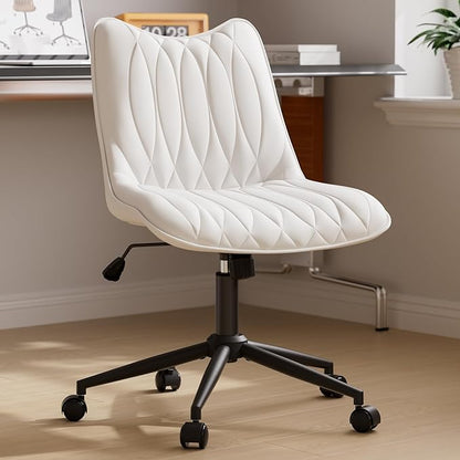 Armless Office Chair, Swivel Rolling Leather Desk Chair, White | Waterproof Upholstery, Padded Seat, 15° Relaxing Tilt, 330 LBS Capacity, for Bedroom Vanity and Computer Work