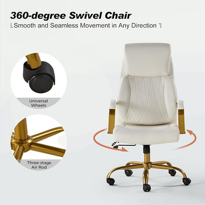HULALA HOME Executive Office Chair with Adjustable Lumbar Support, Leather Ergonomic Office Chair with Padded Armrests, Tilt and High Back, White and Gold