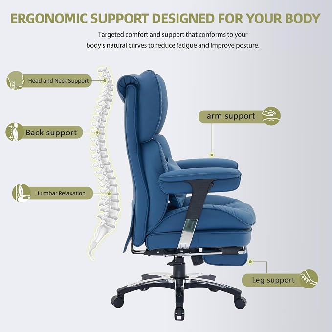 Efomao Big & Tall Desk Chair, Wide Executive Office Chair with Footrest Blue-LL