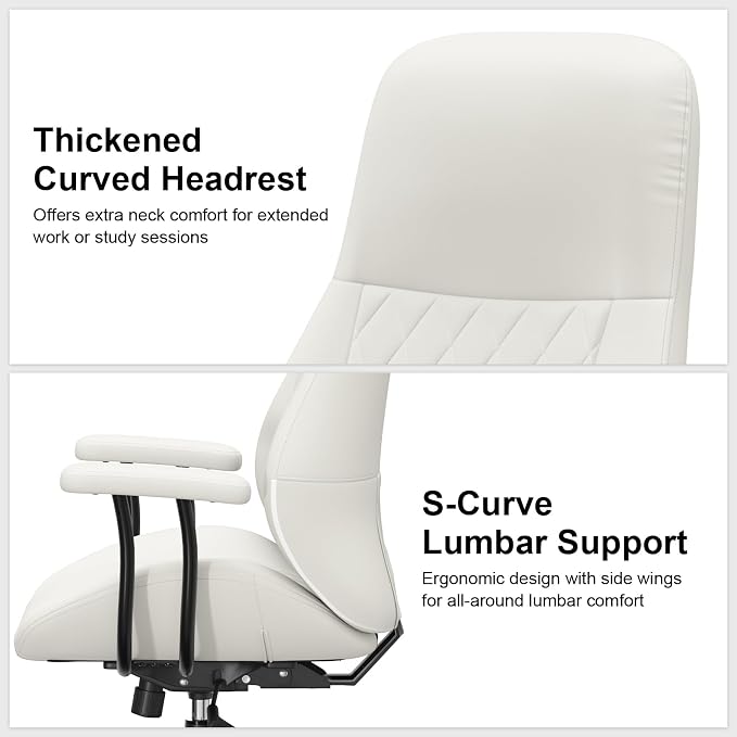 E-Ser Leather Desk Chair, Mid Century Modern Office Chair, White | Lumbar Support, Ergonomic, 360° Swivel, Rubber Rolling Wheels, Adjustable Height, for Adults