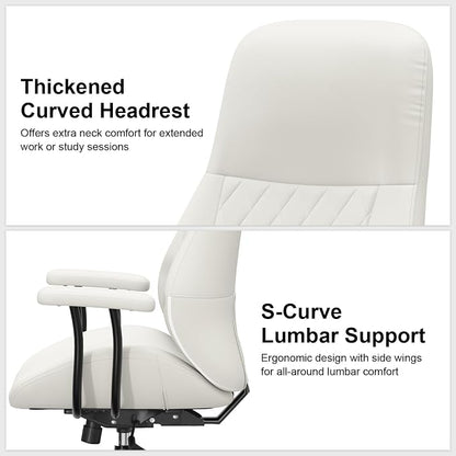 E-Ser Leather Desk Chair, Mid Century Modern Office Chair, White | Lumbar Support, Ergonomic, 360° Swivel, Rubber Rolling Wheels, Adjustable Height, for Adults
