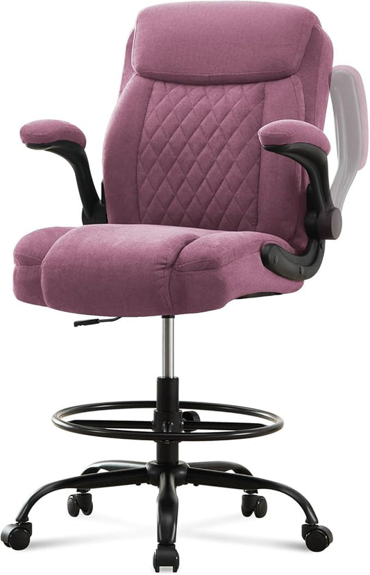 Drafting Chair Tall Office Chair for Standing Desk, Ergonomic Tall Desk Chair with Adjustable Foot Ring, Flip-Up Armrests, Lumbar Support, Comfortable Fabric Seat – Ideal for Home and Office Use