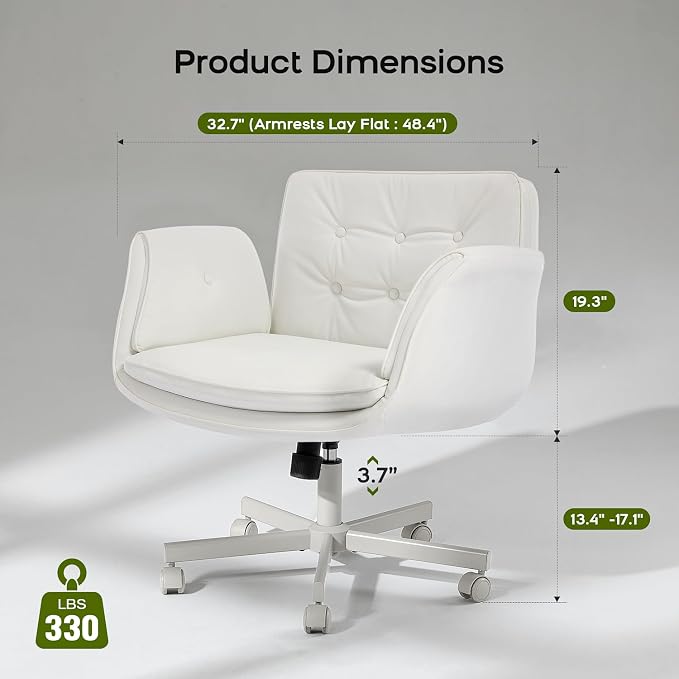 amseatec Criss Cross Office Chair, PU Leather Vanity Chair with 5-Level Adjustable Armrests & Swivel, Ergonomic Criss Cross Chair for Home Office Bedroom Makeup（White）