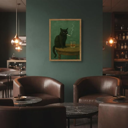 Moody Black Cat Canvas Wall Art 12x16 in Funny Smoking Cat with Whiskey Wall Decor Vintage Whimsical Animal Painting Dark Humor for Bar Cart Kitchen Living Room Wood Framed