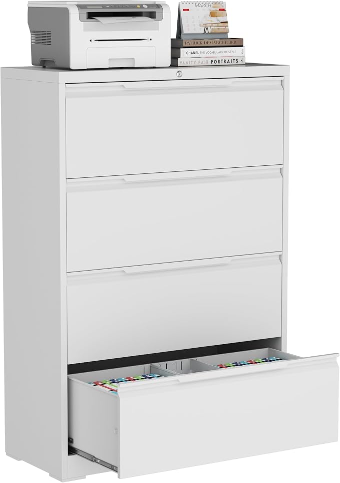 Lateral File Cabinet, 4 Drawer Lateral File Cabinet with Lock, Metal Lateral Filing Cabinet for Home Office, Office Organization Cabinet for Letter/Legal/F4/A4 Size