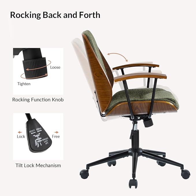 Modern Ergonomic Office Chair with Wood Frame & Metal Base, Swivel Home Office Desk Chairs with Adjustable Height, Comfy Upholstered Computer Chair, Green