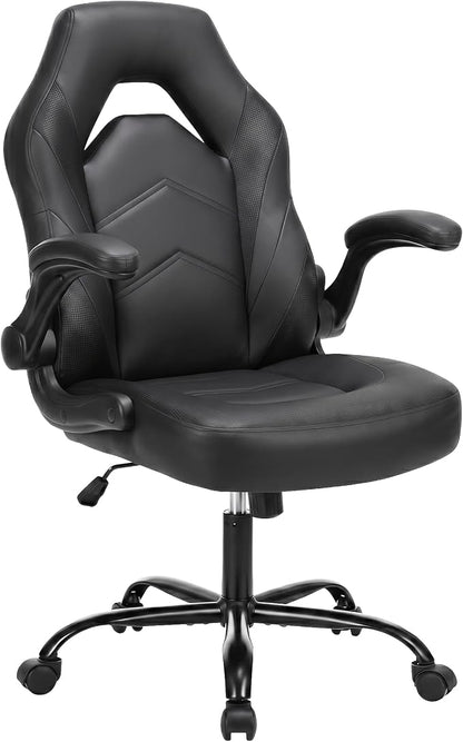 OLIXIS Computer Gaming Desk Chair - Ergonomic Video Game with Comfy Lumbar Support and headrest, PU Leather with Flip-up Arms, Adjustable Height and Swivel Wheels, for Adults, Black