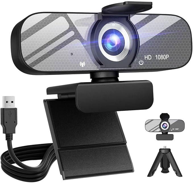 HD 1080P Webcam with Built-in Microphone and Rotatable Tripod, 1080P Video and Wide Angle Camera, Privacy Cover, for Desktop PC or Laptop Computer （Grey）